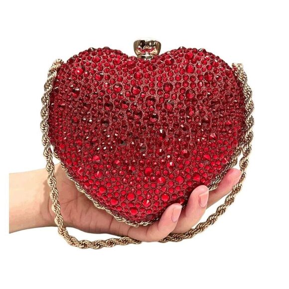 ❤️💎 Jeweled Sparkling Rhinestone Red Heart Shaped Chain Clutch Purse Bag NEW - Picture 1 of 16